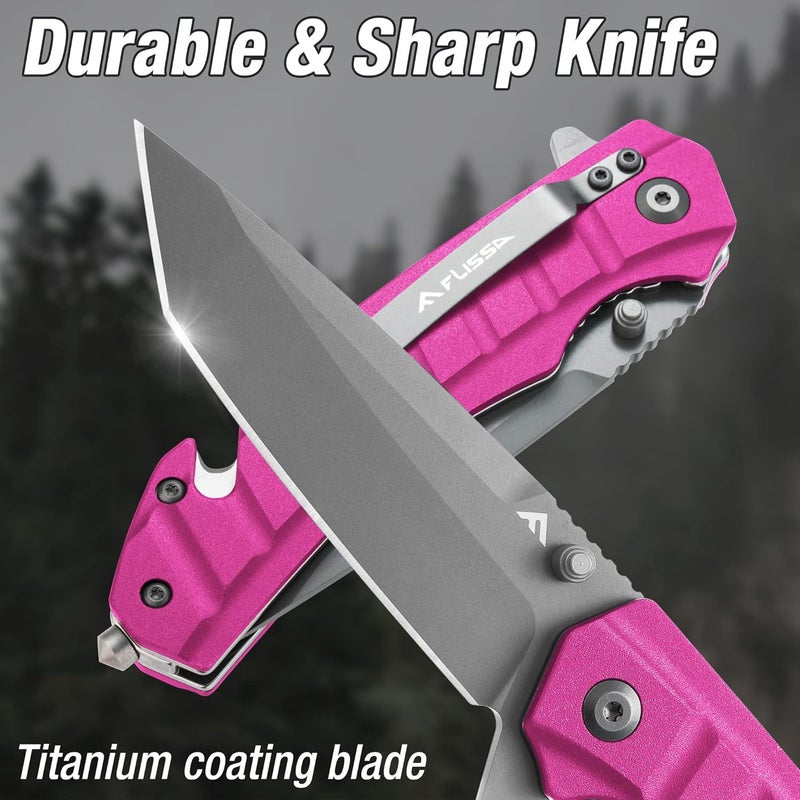 FLISSA Folding Pocket Knife, EDC Knife with Liner Lock, Tanto Blade, Pocket Clip, Glass Breaker, Seatbelt Cutter, Perfect for Outdoor, Camping(Pink) - Image 5